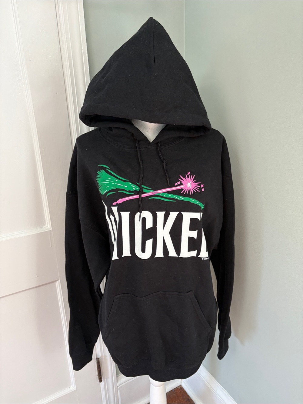 NWOT Wicked Graphic Black Hoodie Green Pink Sweatshirt Size Large